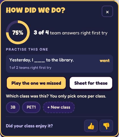 The How did we do? card: a first-try score, the questions to practise and Play the ones we missed