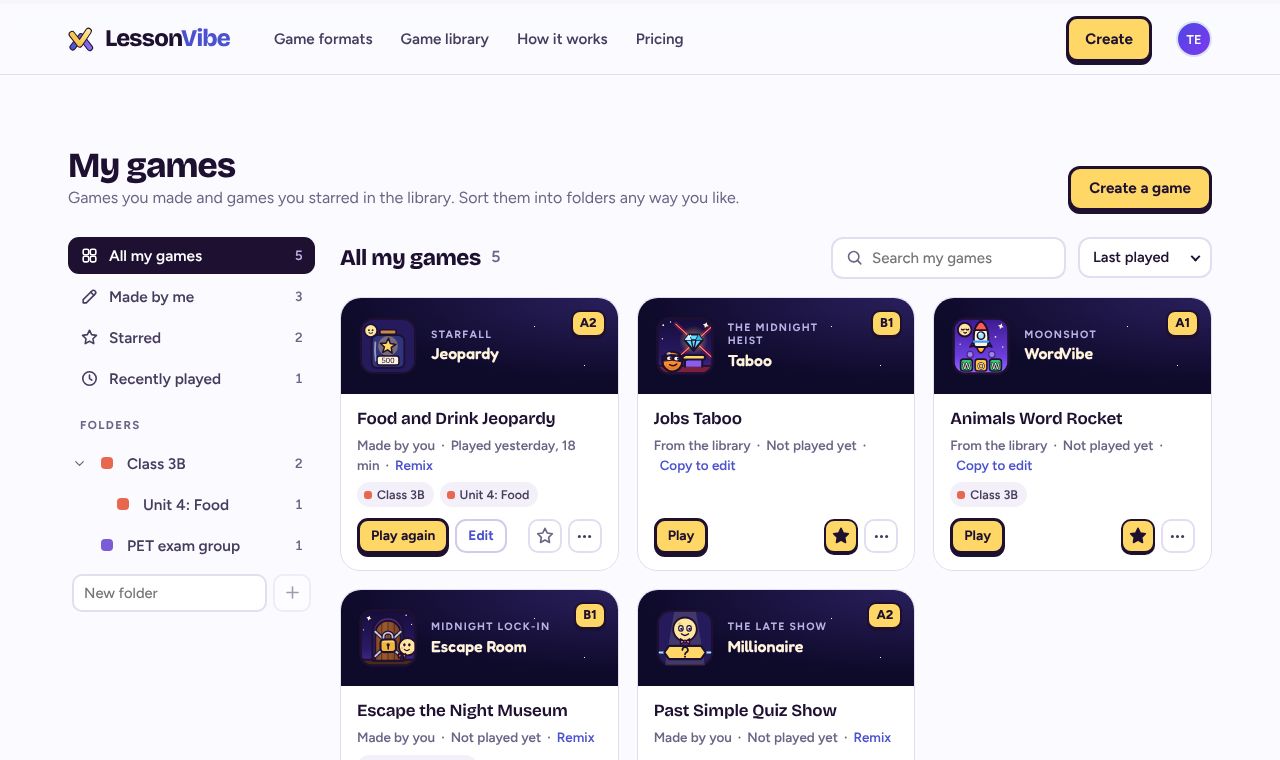 My games: the side menu with All my games, Made by me, Starred, Recently played and Folders, beside game cards